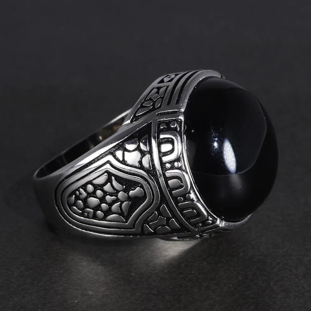 Real Pure 925 Silver Rings Cool Vintage Ring With Round Black Natural Stones Turkish Rings For Men Sterling Silver Jewelry - GQTORCH Jewelry