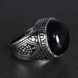 Real Pure 925 Silver Rings Cool Vintage Ring With Round Black Natural Stones Turkish Rings For Men Sterling Silver Jewelry - GQTORCH Jewelry