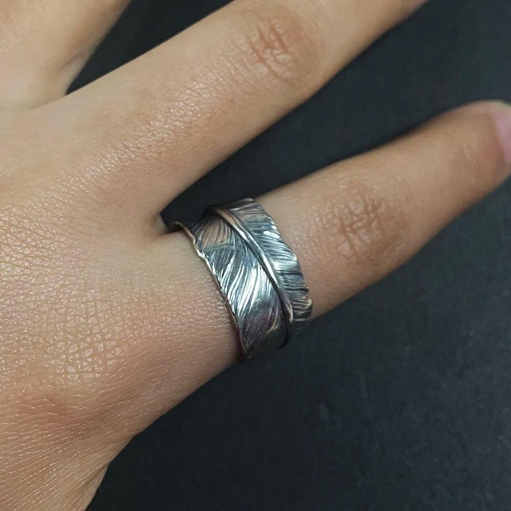 Pure Solid 925 Sterling Silver Vintage Indian Anren Feather Ring Adjustable Japanese Personality Men's and Women's Jewelry - GQTORCH Jewelry