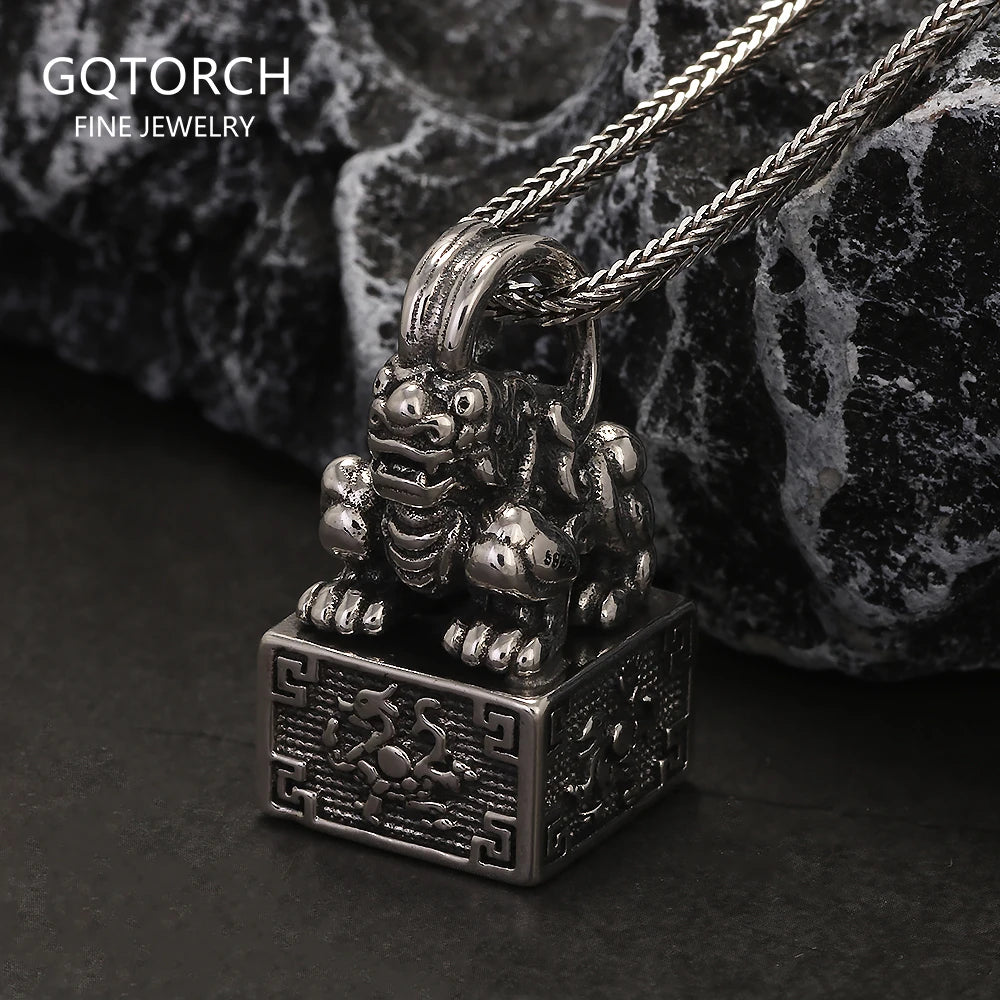 Solid 925 Sterling Silver Ancient Pixiu Signet Pendant Necklace for Men Good Wealth Amulet Feng Shui Vintage Retro Jewelry