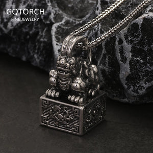 Solid 925 Sterling Silver Ancient Pixiu Signet Pendant Necklace for Men Good Wealth Amulet Feng Shui Vintage Retro Jewelry