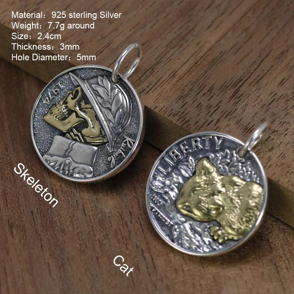 Real 925 Sterling Silver Double Sided Skull Pendant Men Women Retro Punk Style Coin Round Kitten Necklace - GQTORCH Jewelry