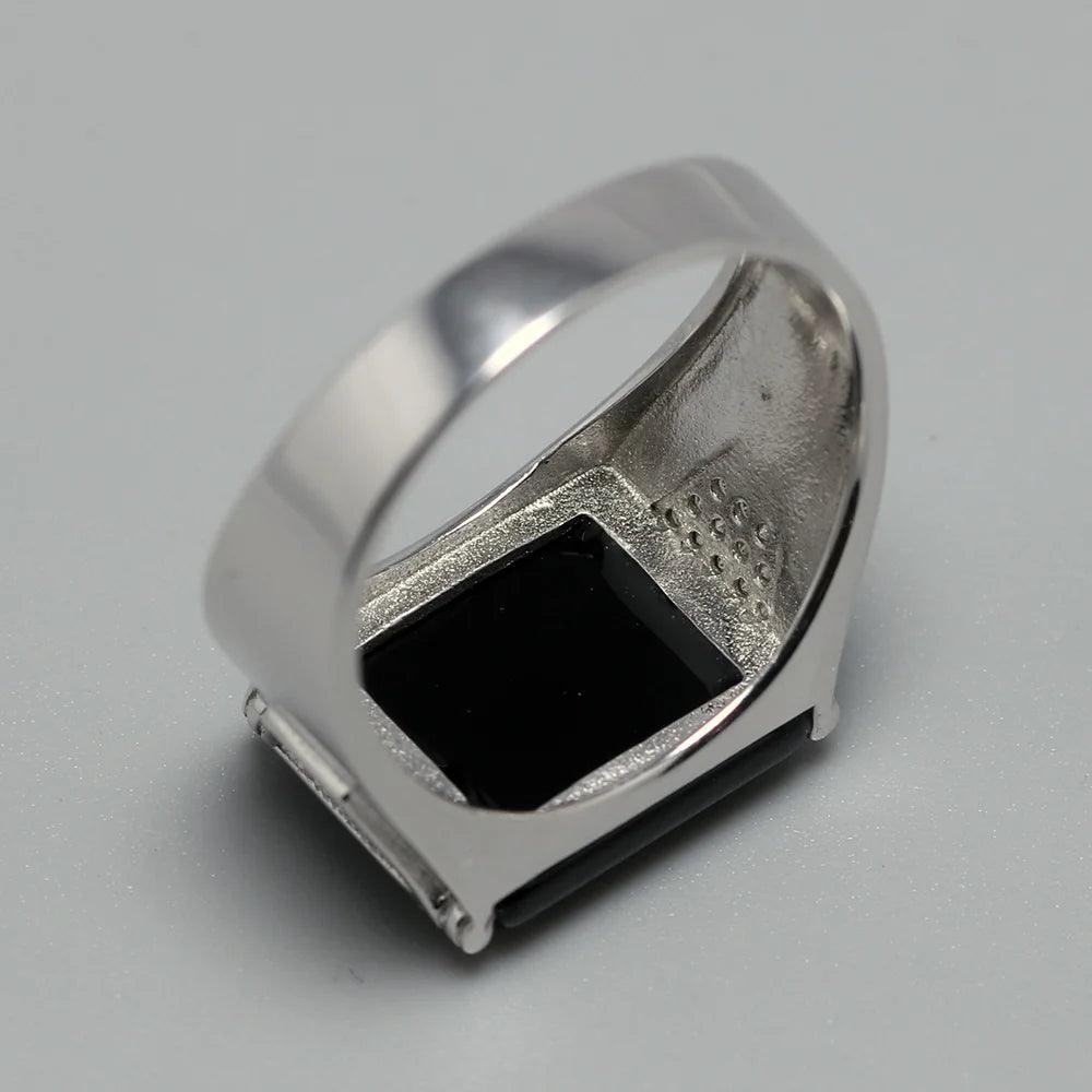 Solid Silver 925 Mens Rings Minimalist Turkish Rings For Men Black Square Natural Stone Turkey Male Jewelry Bague Homme - GQTORCH Jewelry