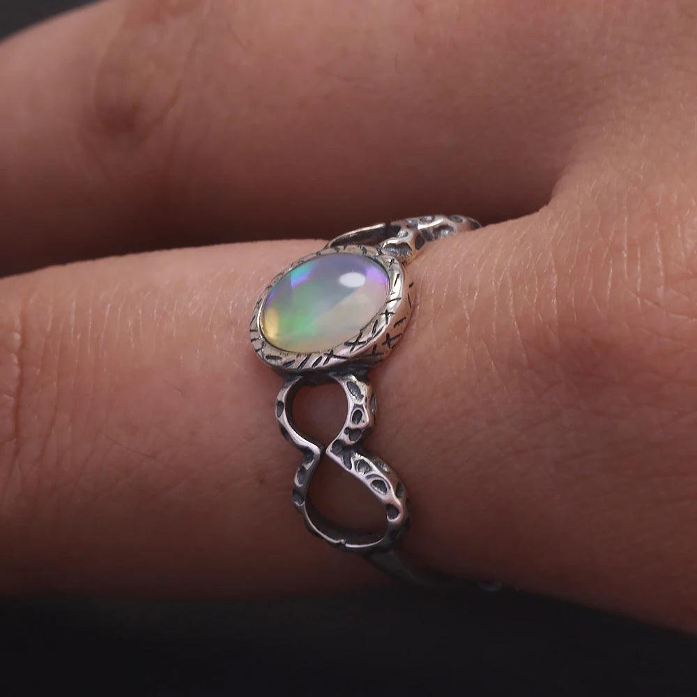 Womens Oval Opal Ring Sterling Silver 925 Retro Style Fulu Gourd Open Rings Light Weight Stackable Fashionable Jewelry - GQTORCH Jewelry
