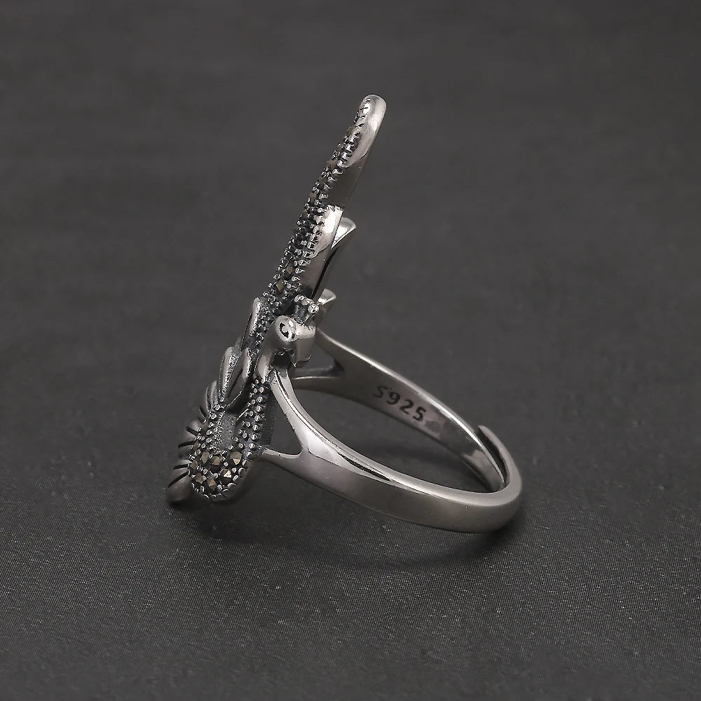 925 Sterling Silver Vintage Peacock Ring for Women Micro Inlaid Hematite Ethnic Style Party Jewelry Gift for Lady Mom