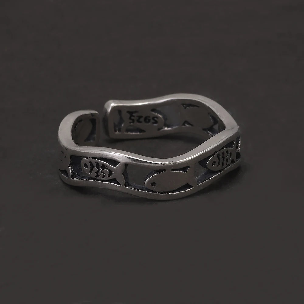 100% 925 Sterling Silver Retro Fish Ring Women Men Hollowed out Twist Wave Lucky Fish Opening Ring Fashion Party Jewelry Gift