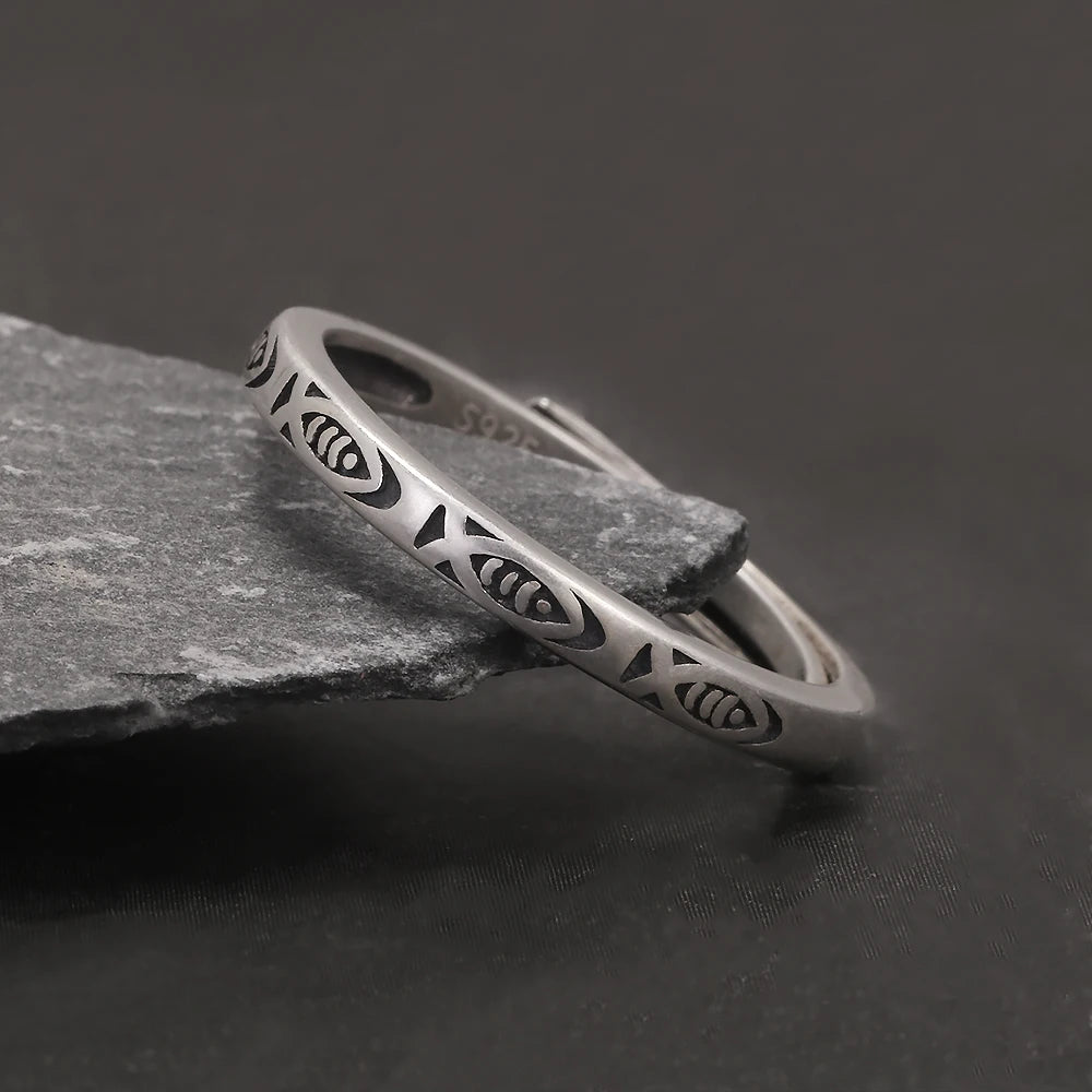 S925 Sterling Silver Fish Ring for Women Girl Adjustable 2mm Ethnic Style Vintage Lucky Ring Trendy Animal Jewelry Birthday Gift