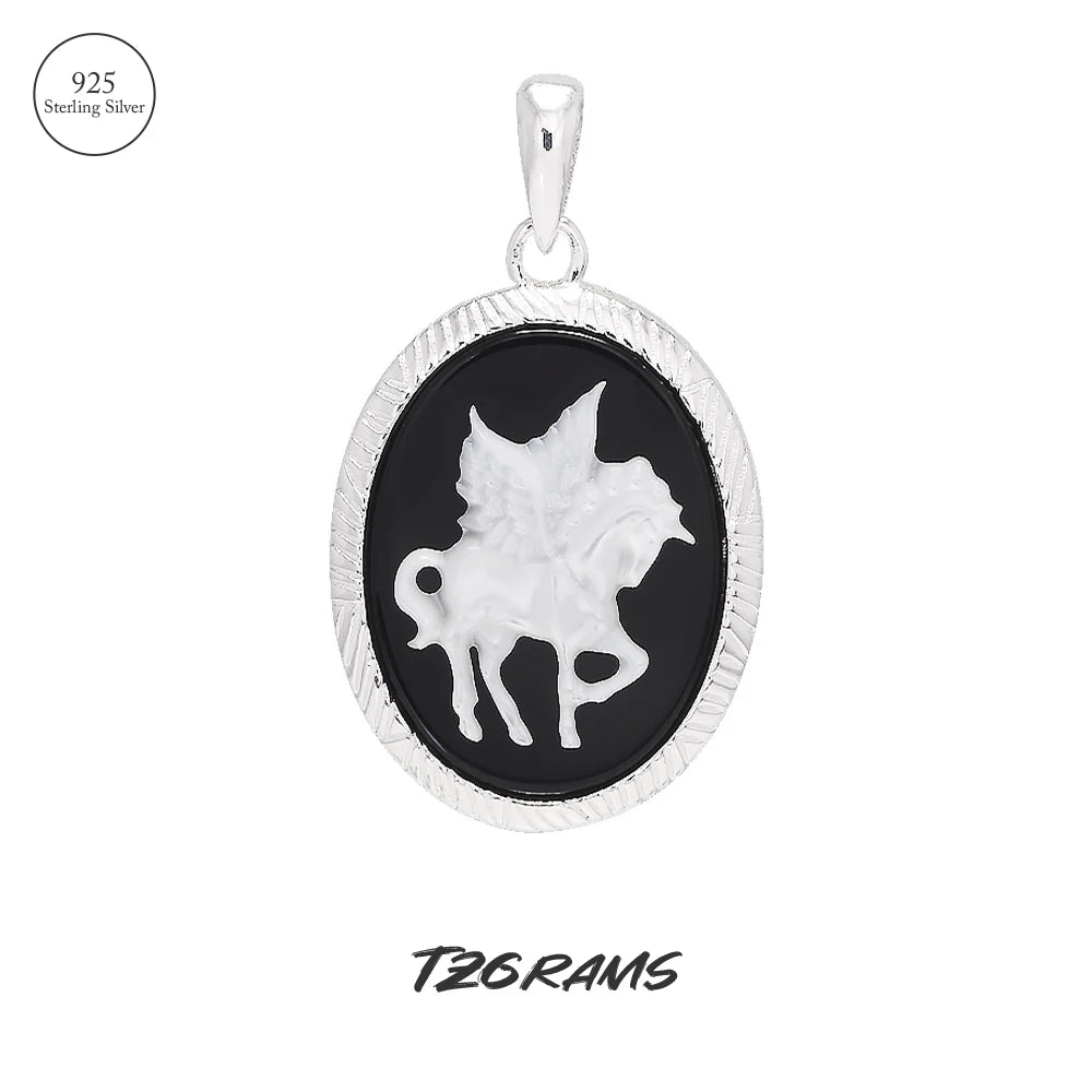925 Sterling Silver Unicorn Cameo Onyx Ring Woman Black Onyx Earrings Pendant Round Shaped Fashion Vintage Jewelry Set