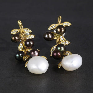 Wholesale 925 Sterling Silver Flower Dangle Earrings For Women With Natural Irregular Baroque Pearl Black and White Colors - GQTORCH Jewelry