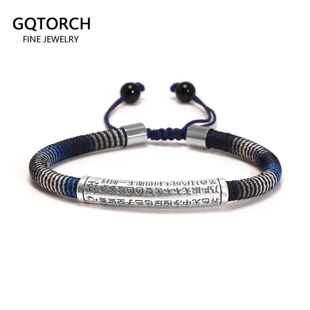 Men's Handwoven Rope Bracelet 999 Sterling Silver Tube Heart Sutra Carved Curved Lucky Rope Adjustable Chain Religious Jewelry - GQTORCH Jewelry