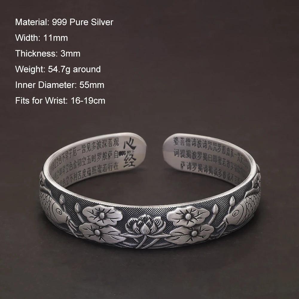 999 Pure Silver Buddhist Fish Lotus Bracelet Heart Sutra Engraved Open Cuff Bangle Vintage Adjustable Handmade Spiritual Jewelry - GQTORCH Jewelry