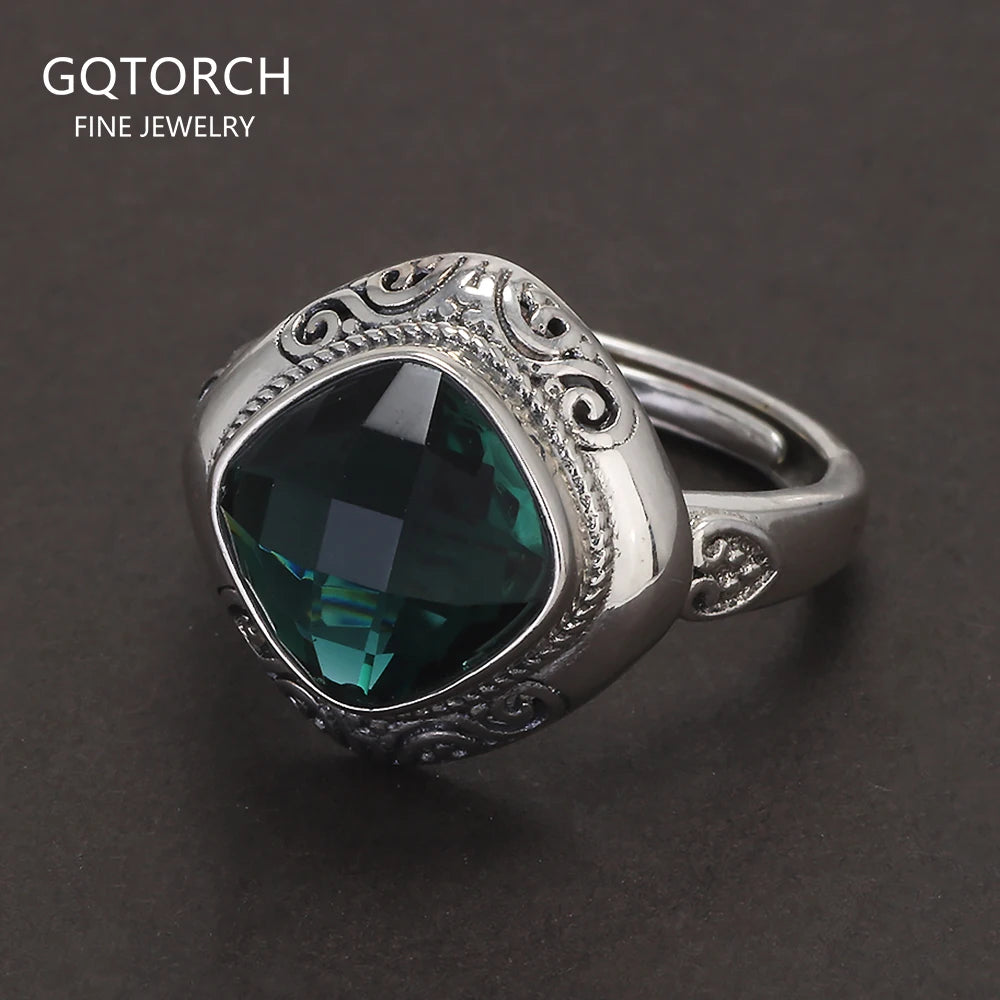 Handmade 925 Sterling Silver Women's Ethnic Jewelry Set Man-made Emerald Ring Earrings Pendant Fashion Vintage Style Jewelry
