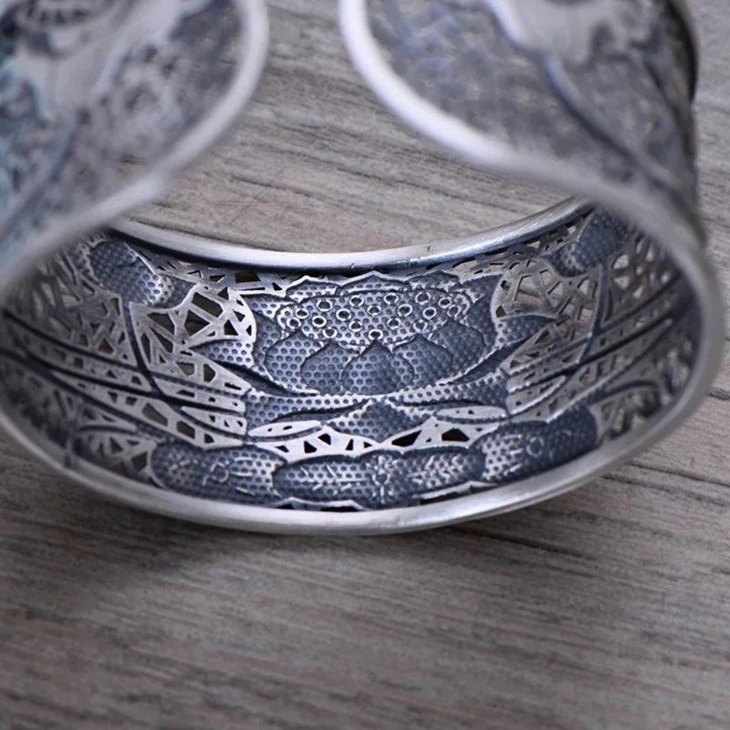 Real Pure 999 Sterling Silver Bangles For Women Wide Large Lotus Classic Tibetan Buddhism Jewelry Jonc Argent 925 - GQTORCH Jewelry