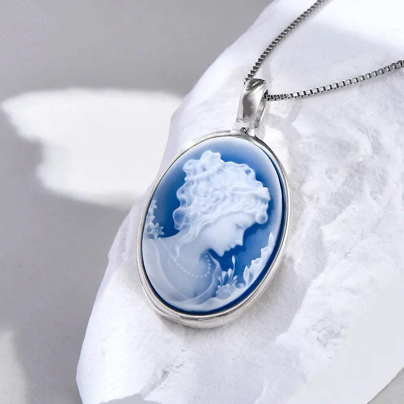 S925 Sterling Silver Natural Blue/Green Agate Goddess Oval Cameo Pendant Necklace for Women White Shell Trendy Elegant Vintage Jewelry