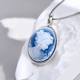 S925 Sterling Silver Natural Blue/Green Agate Goddess Oval Cameo Pendant Necklace for Women White Shell Trendy Elegant Vintage Jewelry