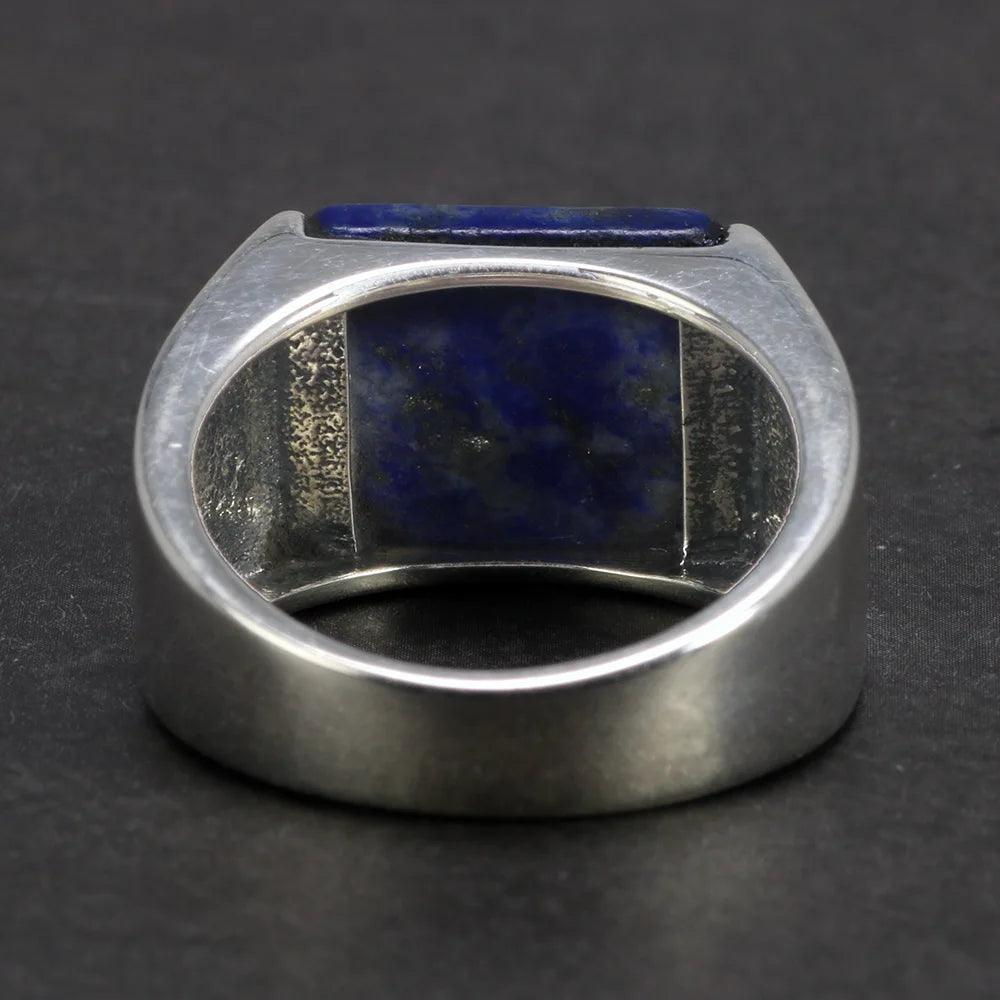 Solid 925 Sterling Silver Square Lapis Lazuli Agate Ring for Men Natural Gemstone Simple Classic Male Jewelry - GQTORCH Jewelry