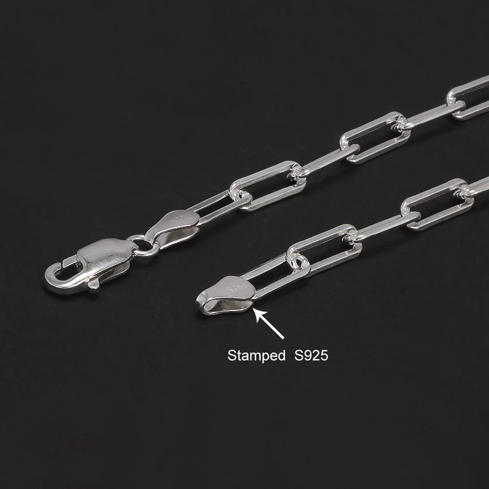 Solid 925 Sterling Silver 4mm Paperclip Link Chain Bracelet for Men Women Paper Clip Hand Chain Simple Fashion Punk Jewelry