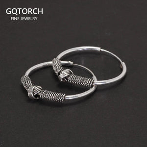 Real 925 Sterling Silver Hoop Earrings Antique Thai Silver Round Circle Hip Hop Punk Gothic Jewelry Party Gift - GQTORCH Jewelry
