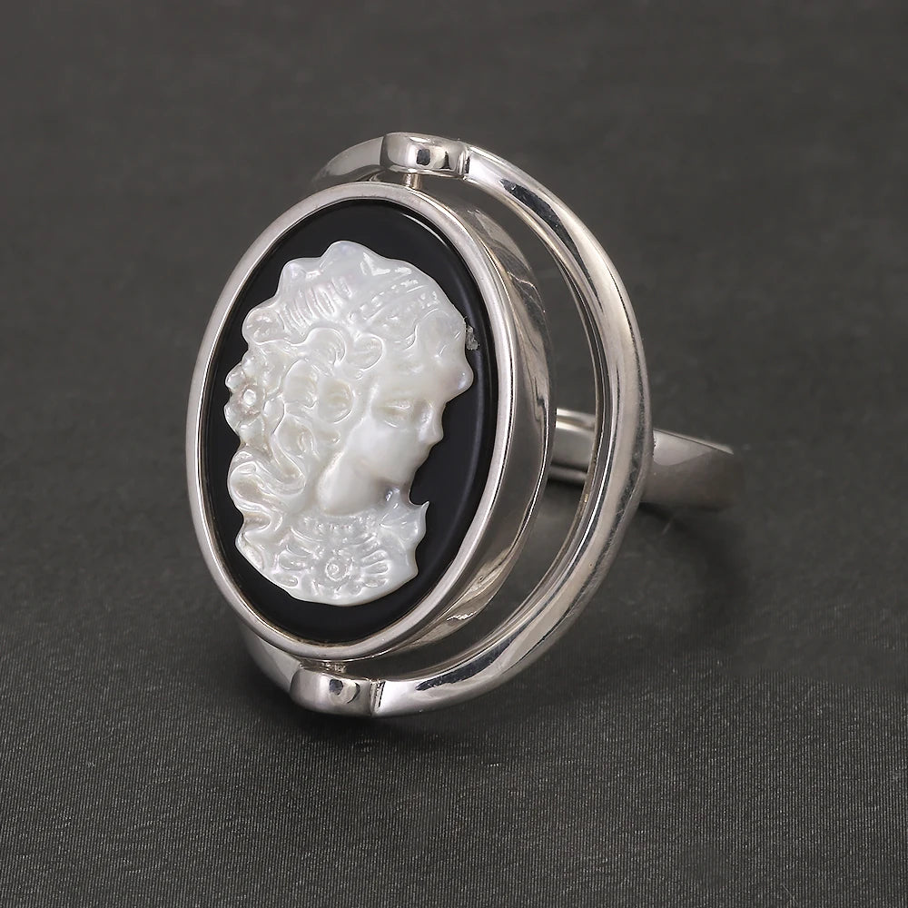 925 Sterling Silver Black Onyx Queen Cameo Ring for Women Double Sides Rotatable Rings Natural Shell Vintage Jewelry Adjustable