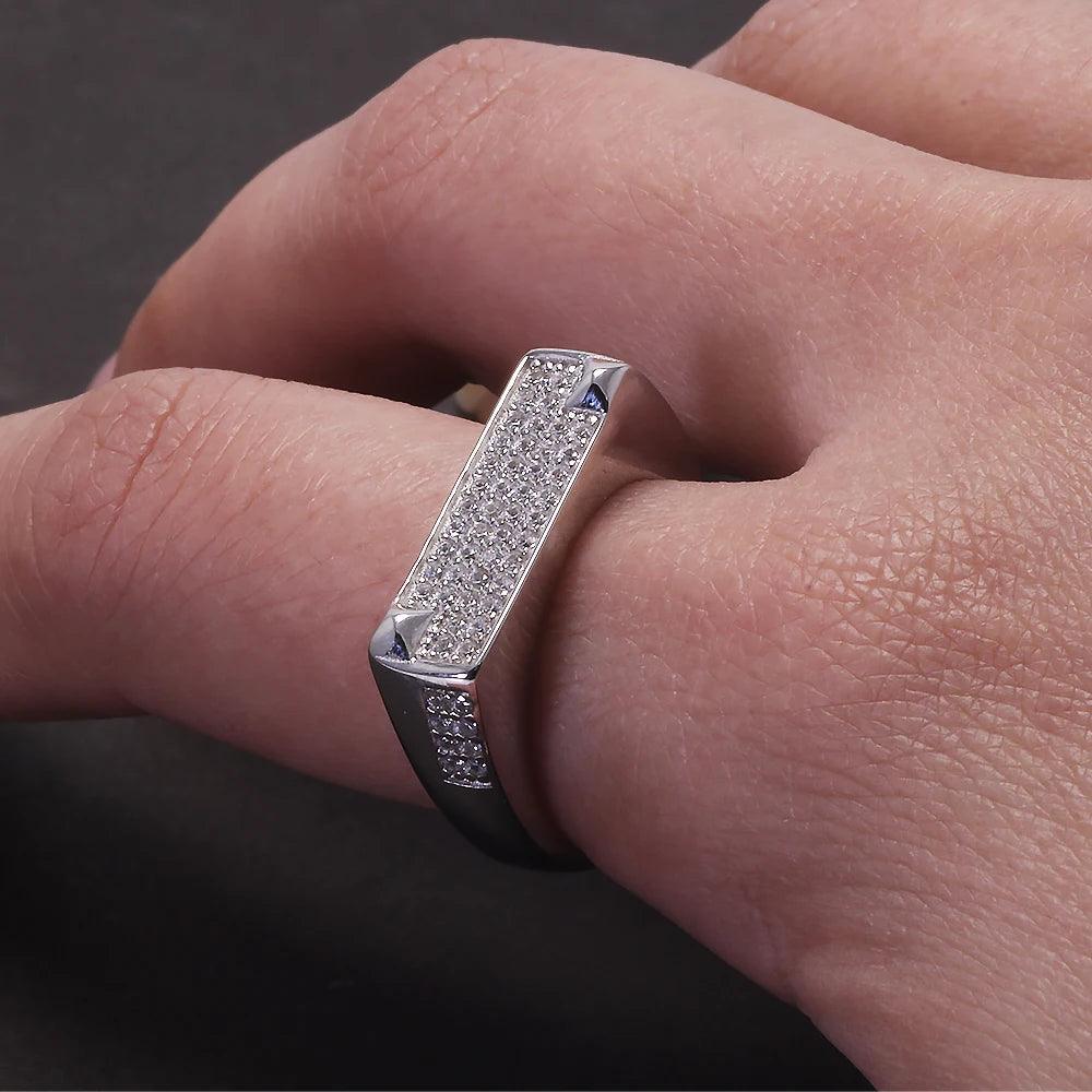 Solid S925 Silver Men's Micro Pave Zircon Ring Art Deco Fashion Modern Minimalist Style Jewelry Birthday Party Gift - GQTORCH Jewelry