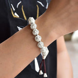 Real Solid 990 Silver Buddhist Bracelet Mens Mantra Beads Carved Six Words Om Mani Padme Hum For Tibetan Prayer Elastic Rope - GQTORCH Jewelry