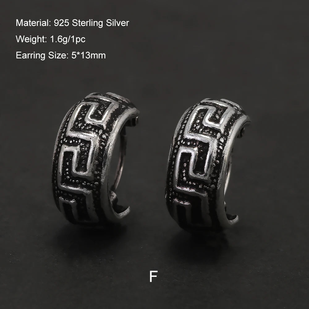 Real 925 Sterling Silver Retro Hoop Earrings for Women Men Geometric Heart Wheat Leaf Whale Vintage Punk Rock Ear Jewelry Gift