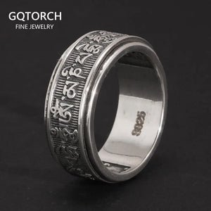 Real 925 Sterling Silver Vintage Rings For Men Rotatable Tibetan Six Words Mantra Rings Om Mani Padme Hum Buddhist Jewelry - GQTORCH Jewelry