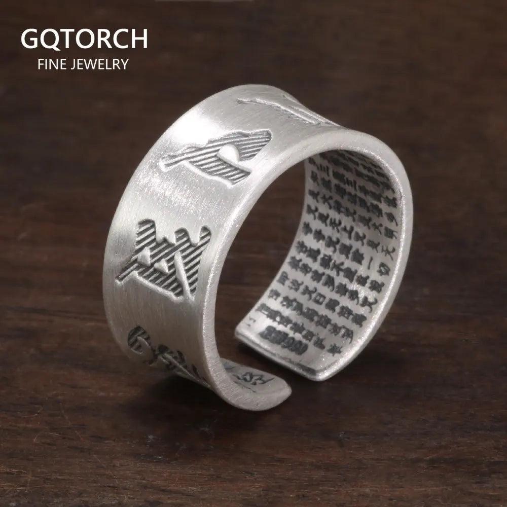 Real 999 Pure Silver Buddhist Mantra Rings for Men and Women Prajnaparamita Hrdaya Sutra Adjustable Religion Jewellery - GQTORCH Jewelry