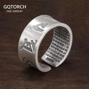 Real 999 Pure Silver Buddhist Mantra Rings for Men and Women Prajnaparamita Hrdaya Sutra Adjustable Religion Jewellery - GQTORCH Jewelry