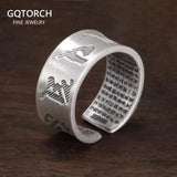Real 999 Pure Silver Buddhist Mantra Rings for Men and Women Prajnaparamita Hrdaya Sutra Adjustable Religion Jewellery - GQTORCH Jewelry