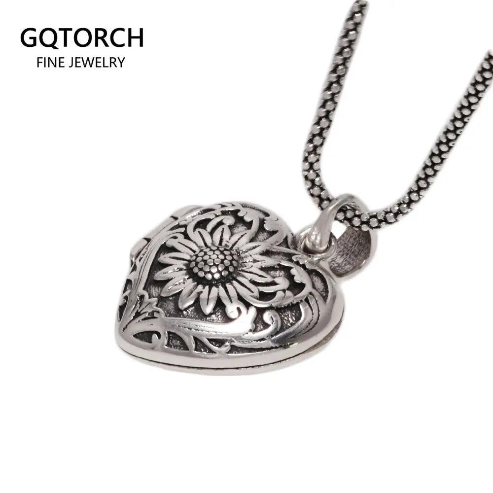 Sunflower Heart Shaped Locket Necklace That Holds Pictures Photo Keep Someone Near to You 925 Sterling Silver Custom Jewelry - GQTORCH Jewelry