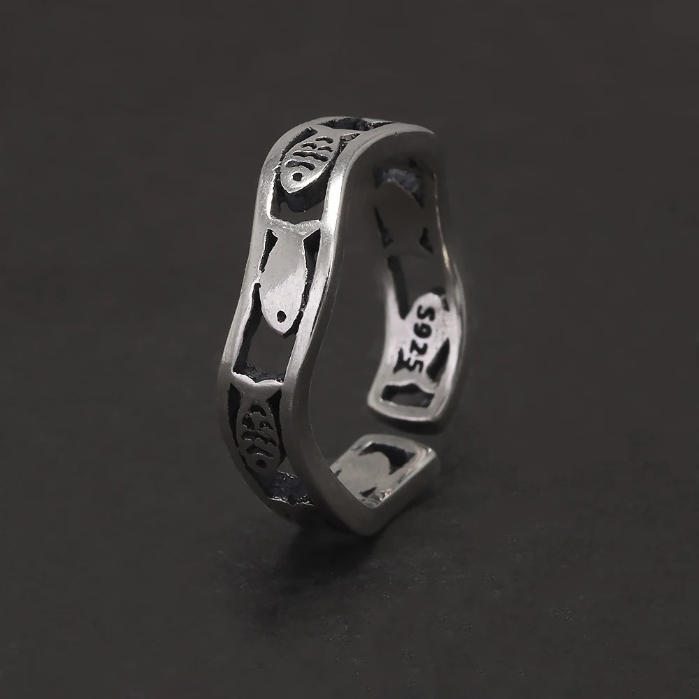100% 925 Sterling Silver Retro Fish Ring Women Men Hollowed out Twist Wave Lucky Fish Opening Ring Fashion Party Jewelry Gift