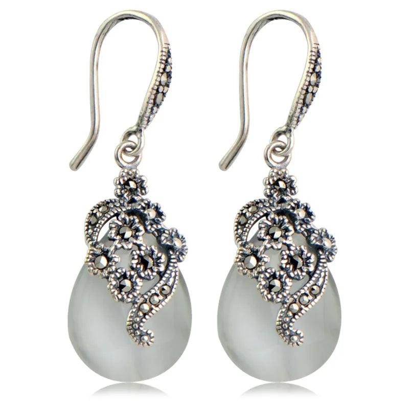 Vintage Dangling Earrings Real 925 Sterling Silver Jewelry Natural Garnet Red Stone Carved Flower Drop Shaped Earrings for Women - GQTORCH Jewelry