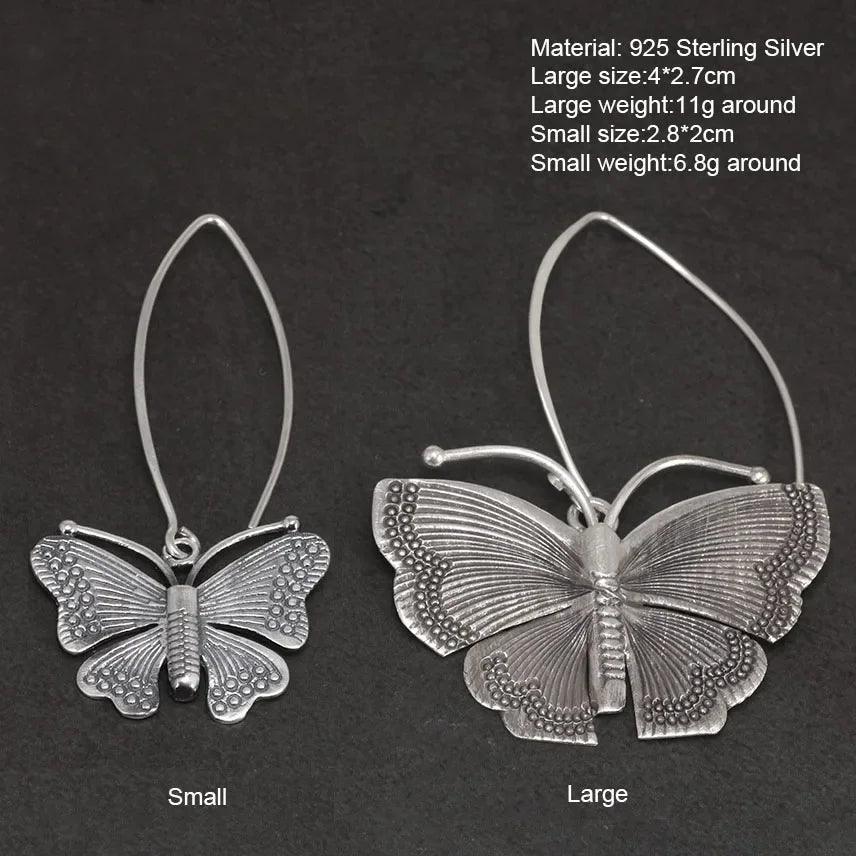 Real Pure 100% 925 Sterling Silver Exaggerated Large Butterfly Drop Earrings For Women Handmade Vintage Style - GQTORCH Jewelry