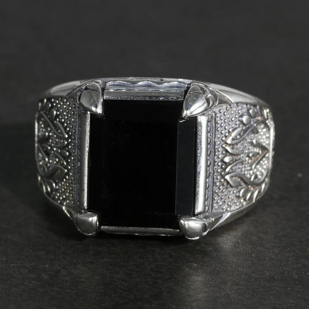 Real Solid 925 Sterling Silver Rings Claw Setting With Natural Onyx Stone For Men Retro Punk Resizable Biker Rings - GQTORCH Jewelry