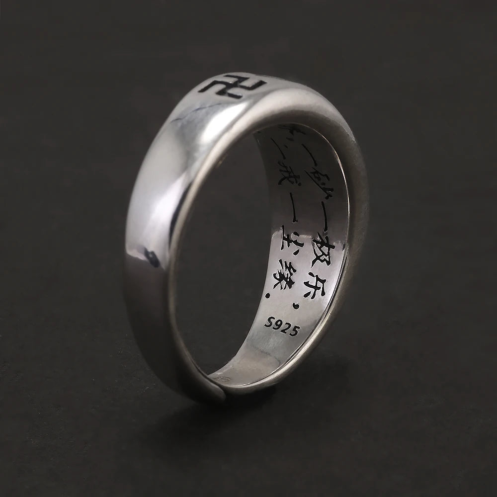 925 Sterling Silver Classic Om mani padme hum Ring Men Women Six Words Mantra Buddhist Avatamsaka Sutra Vintage Simple Jewelry