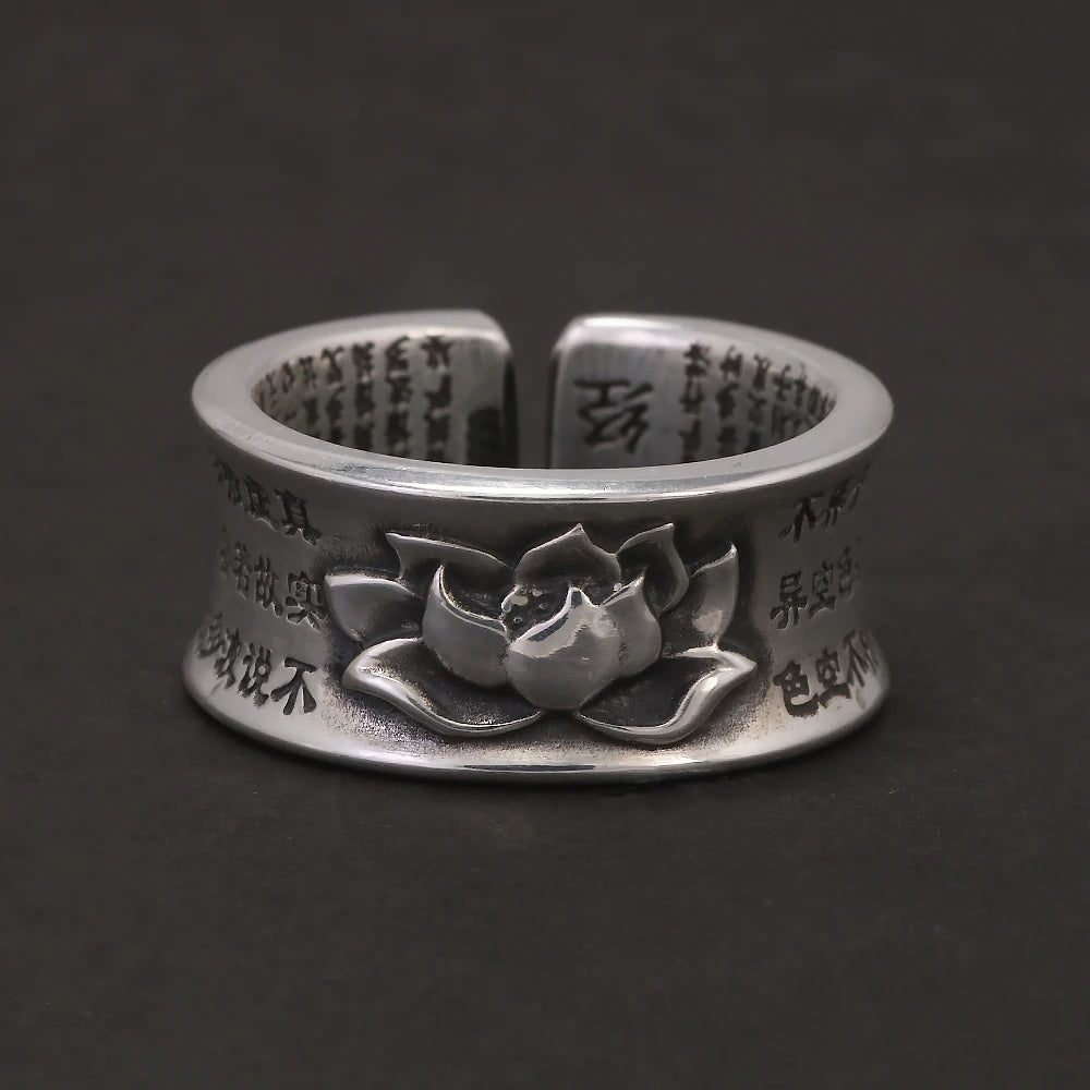 999 Pure Silver Lotus Ring Heart Sutra Engraved Adjustable Men Women Lucky Runes Vintage Retro Buddhism Jewelry