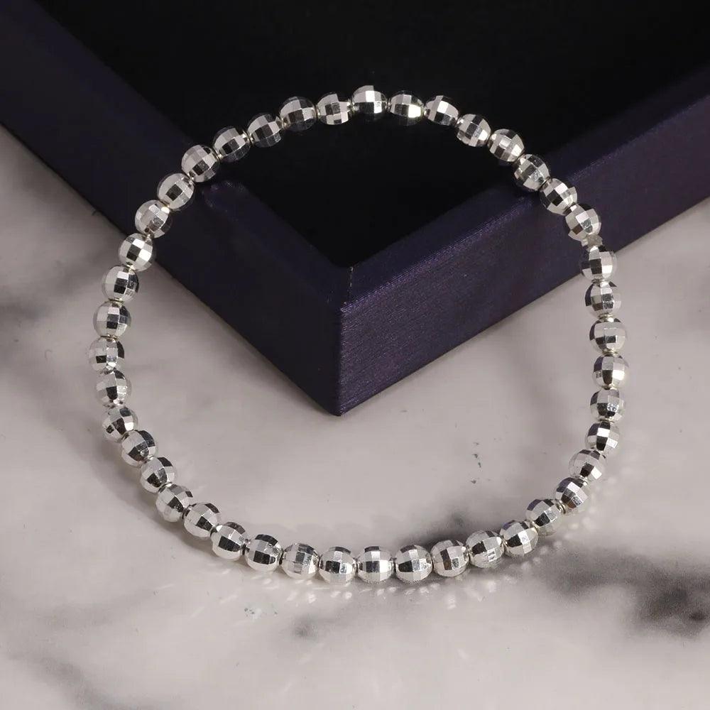 Real Pure 999 Sterling Silver Elastic String Faceted Beads Bracelet For Ladies Kids Minimalism Jewelry - GQTORCH Jewelry