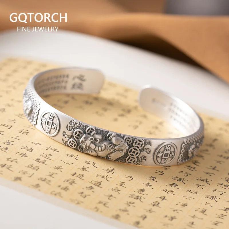 Solid S999 Sterling Silver Brave Troops Bangle for Women and Men Bring In Wealth and Treasure Bracelet Buddhist Jewelry - GQTORCH Jewelry