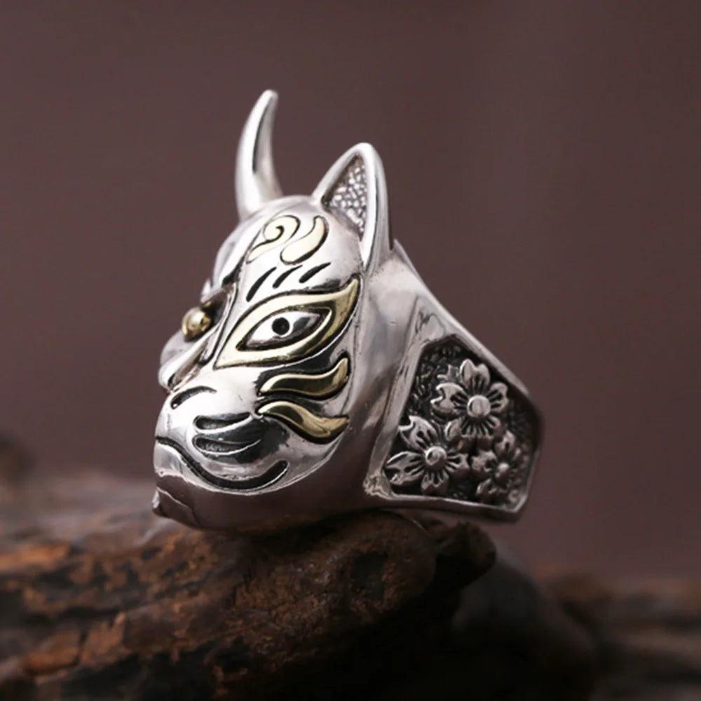 Real Solid 925 Sterling Silver Hannya Mask Ring for Men Retro Vintage Cool Big Mens Biker Ring Buddhism Jewelry - GQTORCH Jewelry
