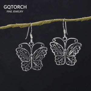 Real Pure 100% 925 Sterling Silver Exaggerated Hollow Butterfly Drop Earrings for Women Handmade Vintage Style Fine Jewelry - GQTORCH Jewelry