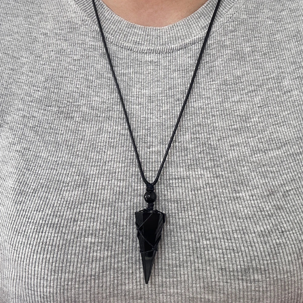 Natural Stone Geometric Pendant Necklace for Men Black Obsidian Blue Sandstone Adjusted Leather Rope Retro Vintage Jewelry