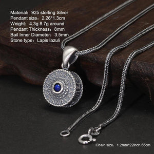 Retro 925 Sterling Silver Six Words Mantra Matte Pendant Necklace with Natural Lapis Lazuli Om Mani Padme Hum Religious Jewelry - GQTORCH Jewelry
