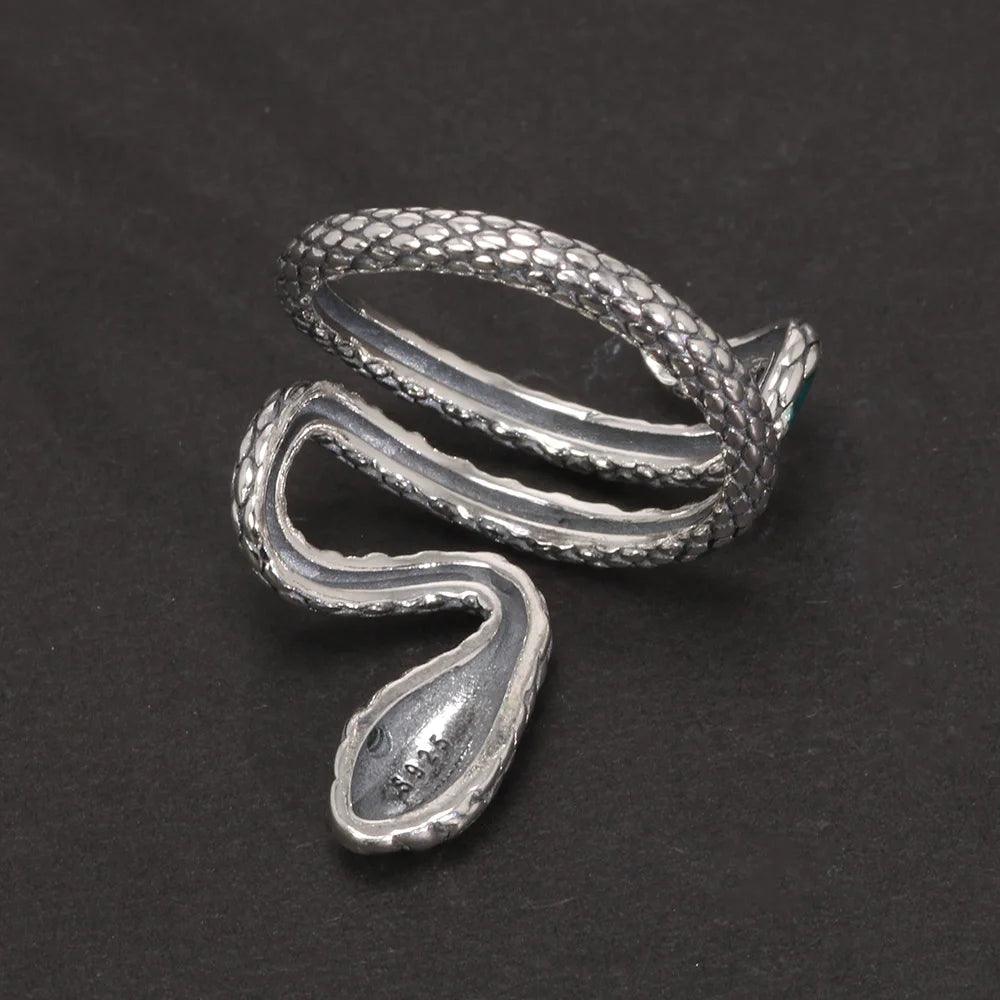 S925 Sterling Silver Snake Rings For Women with Green Zircon Stone Antique Punk Adjustable Animal Jewelry - GQTORCH Jewelry
