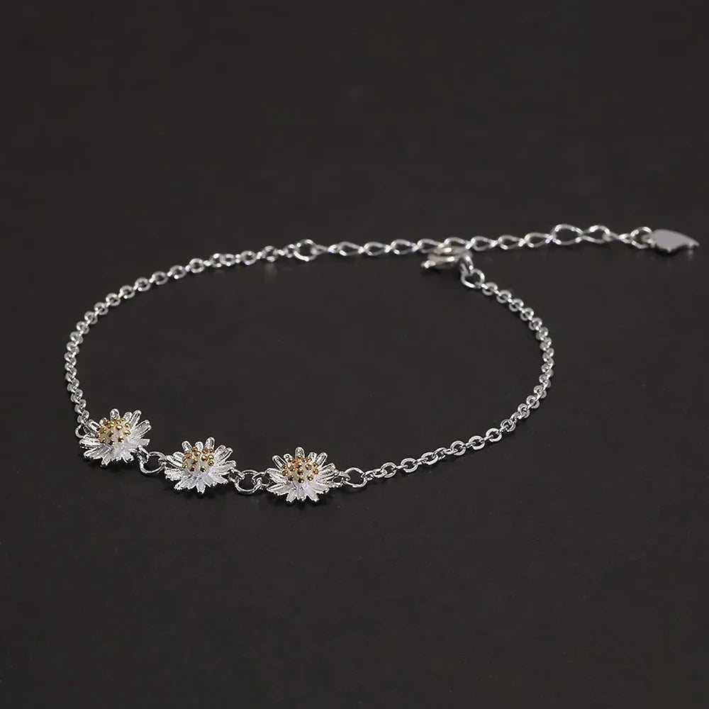 925 Sterling Silver Daisy Stud Earrings Ring Necklace Bracelet Jewelry Set for Women Fashion Trendy Cute Jewelry