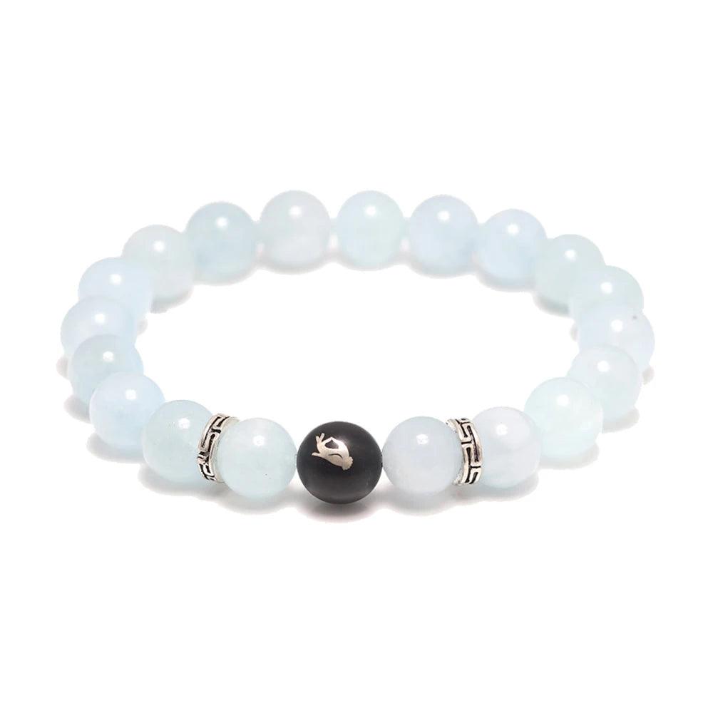Natural Aquamarine Beads Bracelet with Lotus Finger Meditation Sandalwood Bead 925 Sterling Silver Accessories Men and Women - GQTORCH Jewelry