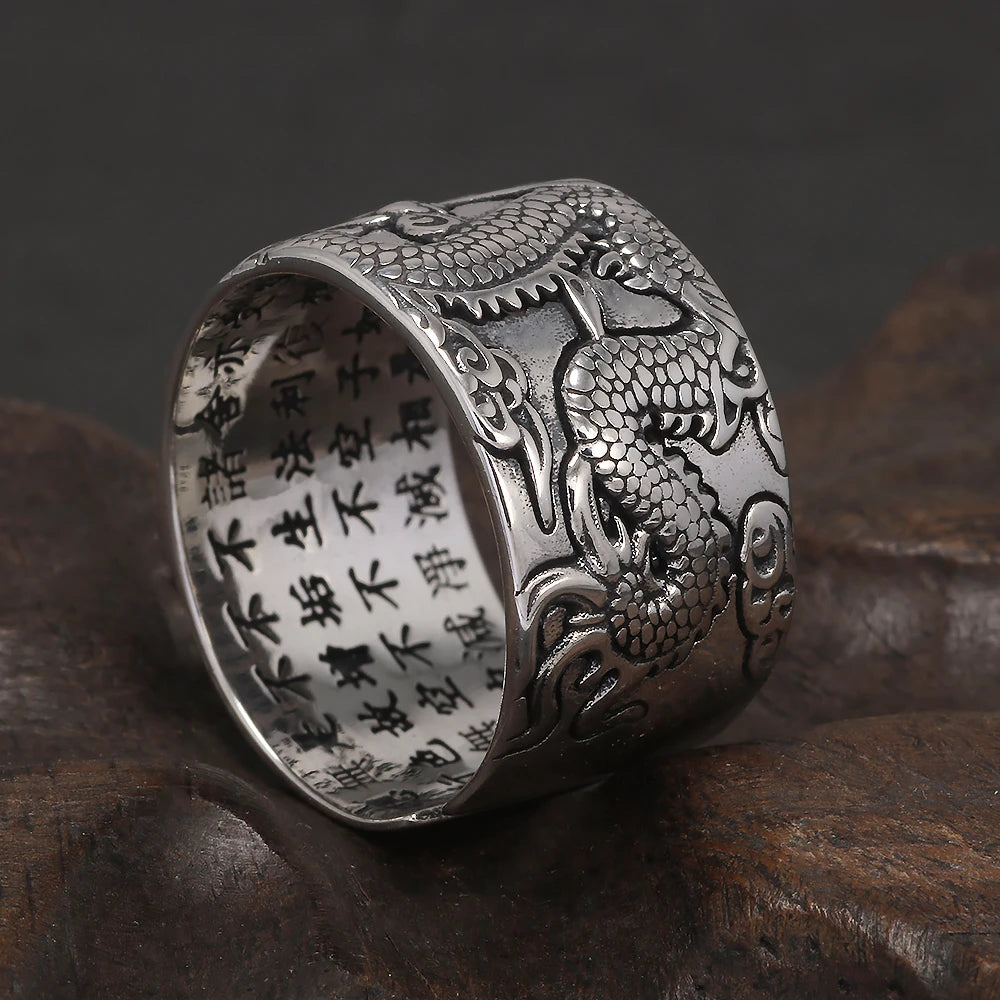 925 Sterling Silver Dragon Ring Heart Sutra Engraved Men Women Opening Type Punk Retro Buddhist Jewelry Accessories