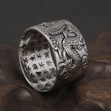 925 Sterling Silver Dragon Ring Heart Sutra Engraved Men Women Opening Type Punk Retro Buddhist Jewelry Accessories