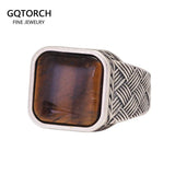 Real Pure 925 Sterling Silver Ring Antique Vintage Men's Ring Natural Agate Tiger Eye Fine Jewelry - GQTORCH Jewelry
