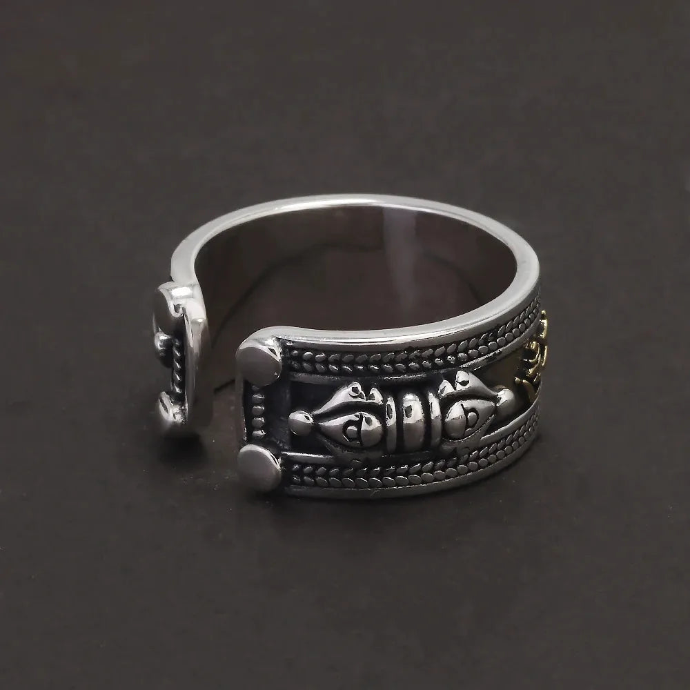 925 Sterling Silver Six Word Mantra Vajra Ring for Men Women Auspicious Knot Vintage Retro Buddhist Spiritual Protection Jewelry